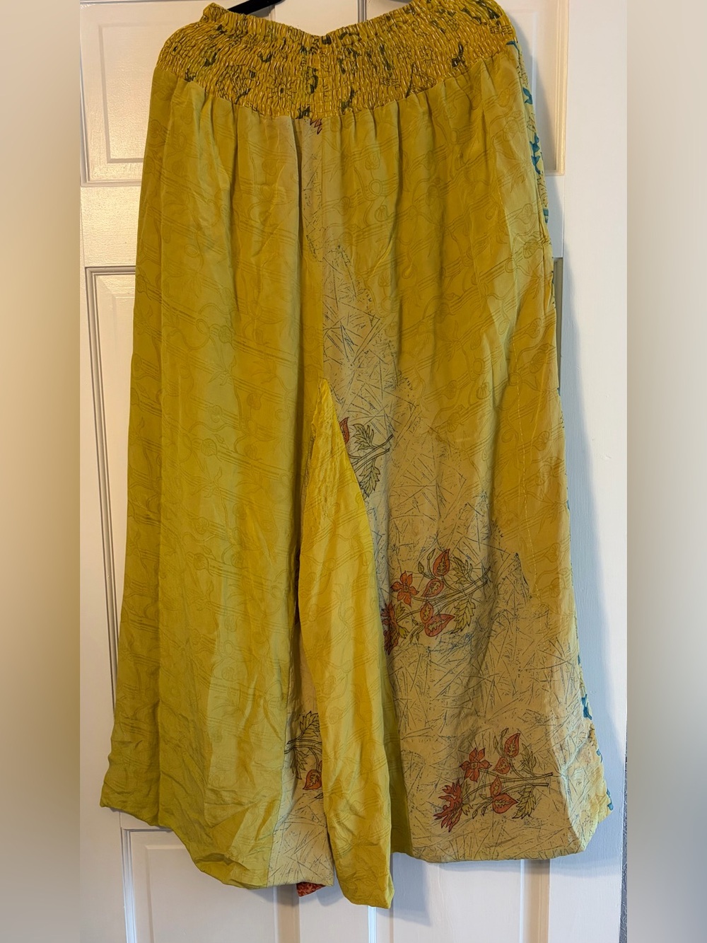 Kantha Bae Green Yellow Wide Leg Floral-Print Wide Leg Pants - Reversible